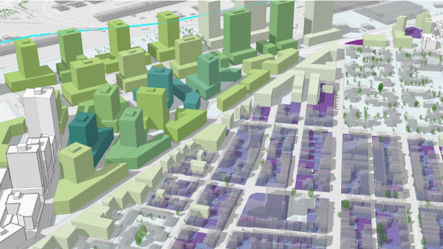 3D buildings colored in green and purple representing transparent envelopes showing the maximum buildable height