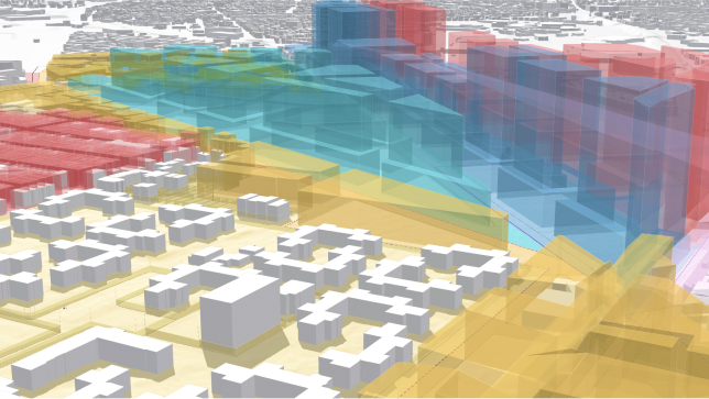 Multi-colored image of 3D buildings representing 3D transparent envelopes showing maximum buildable height in a neighborhood