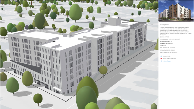 A 3D rendering of a proposed development with a gray building and green trees and a description of its related information