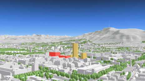 A 3D model of a city with gray buildings, a mountain, and green trees projected with a local coordinate system