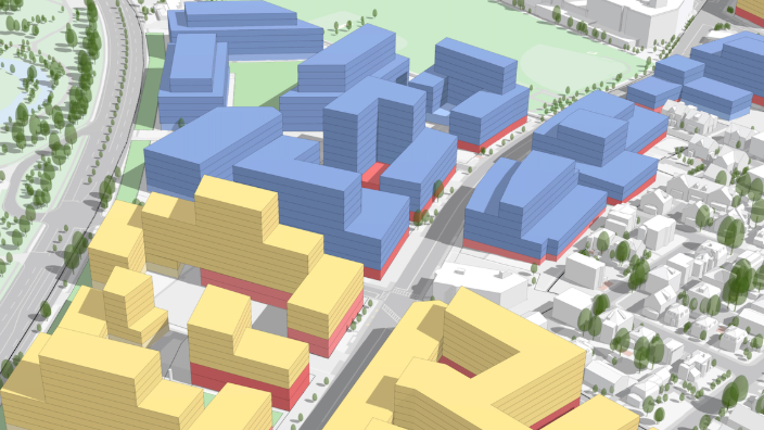 A 3D model of planned development in a city with select buildings colored in yellow and green