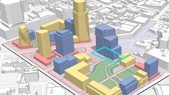 建物、道路、緑地がある新しいダウンタウン開発の 3D レンダリング