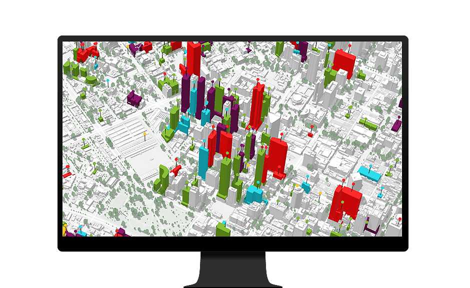 Monitor informático que muestra los edificios de una ciudad en una visualización 3D