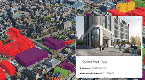 A map of a dense, developed area with buildings highlighted in different colors overlaid with a rendering of a new multistory building