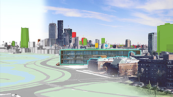 A graphic of a digitally-rendered road leading into city buildings and a cityscape