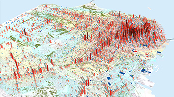 A large light blue map with many red 3D bars scattered across it