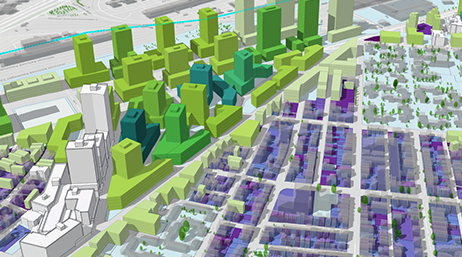 3D model of potential suburban development beside a skyscraper-filled city shaded in green and purple