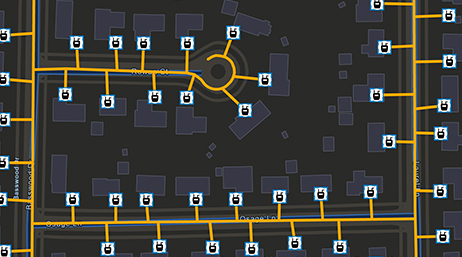 A utility network map of a neighborhood with a cul de sac