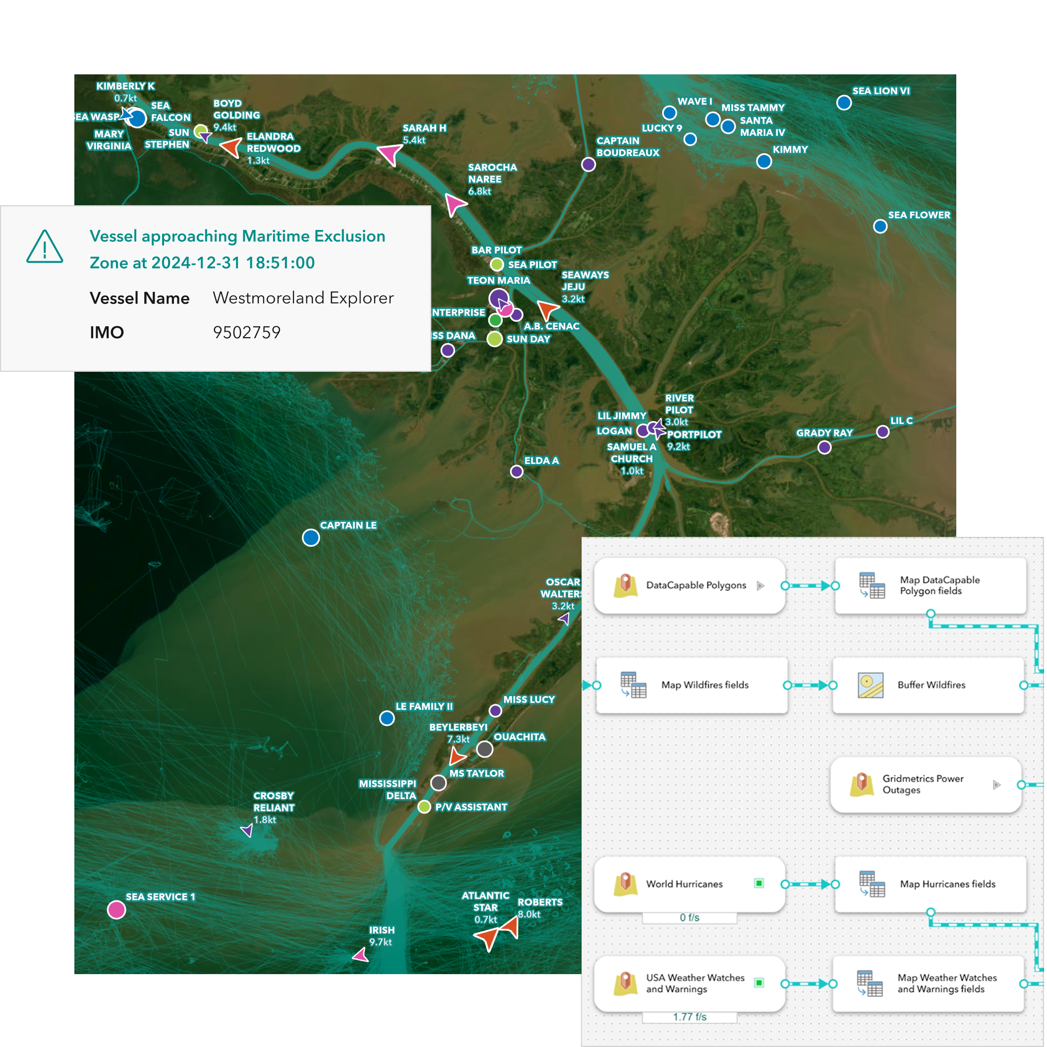 A map showing a vessel named Atlantic Star approaching a maritime exclusion zone with a timestamp and vessel ID