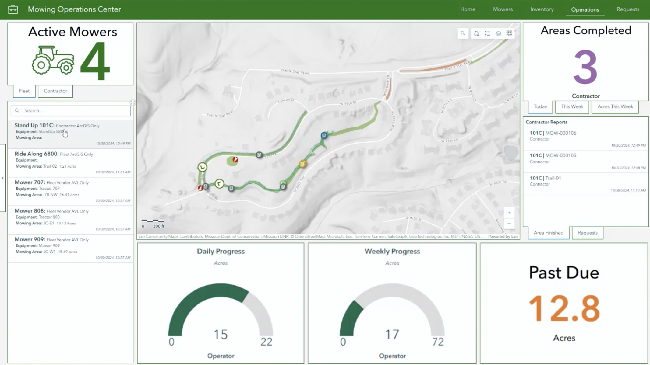 A map interface tracking mowing activity and progress across service areas