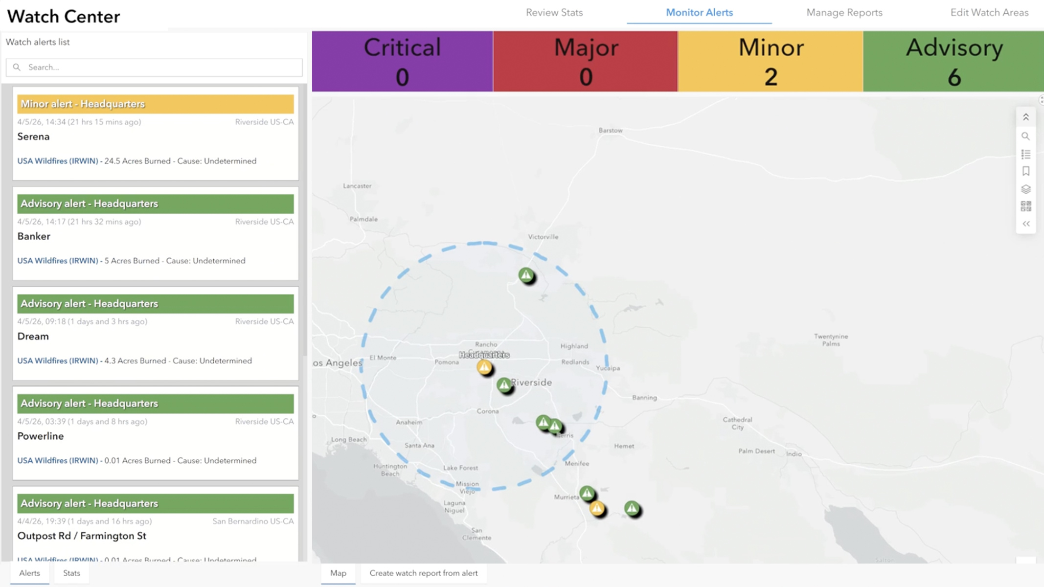 A dashboard map monitoring real-time threats and hazards around key locations