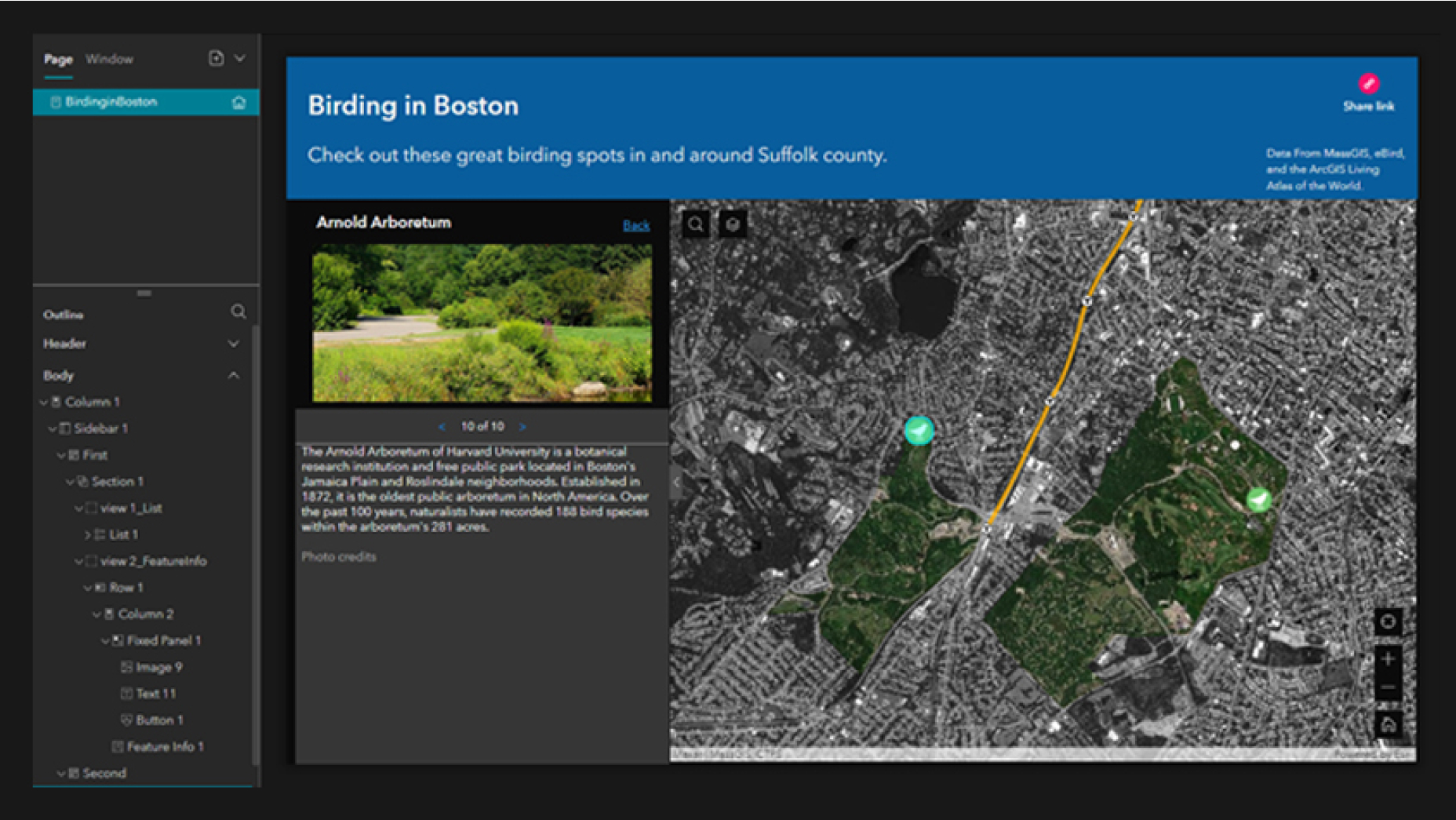 Un mapa de una ciudad y una imagen de vegetación en una página de Observación de aves en Boston en la aplicación Experience Builder