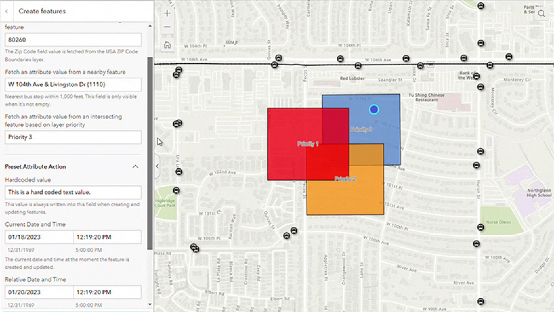 El widget Editor inteligente de Web AppBuilder con cuadrados rojos, azules y naranjas superpuestos en un mapa de paradas de autobús