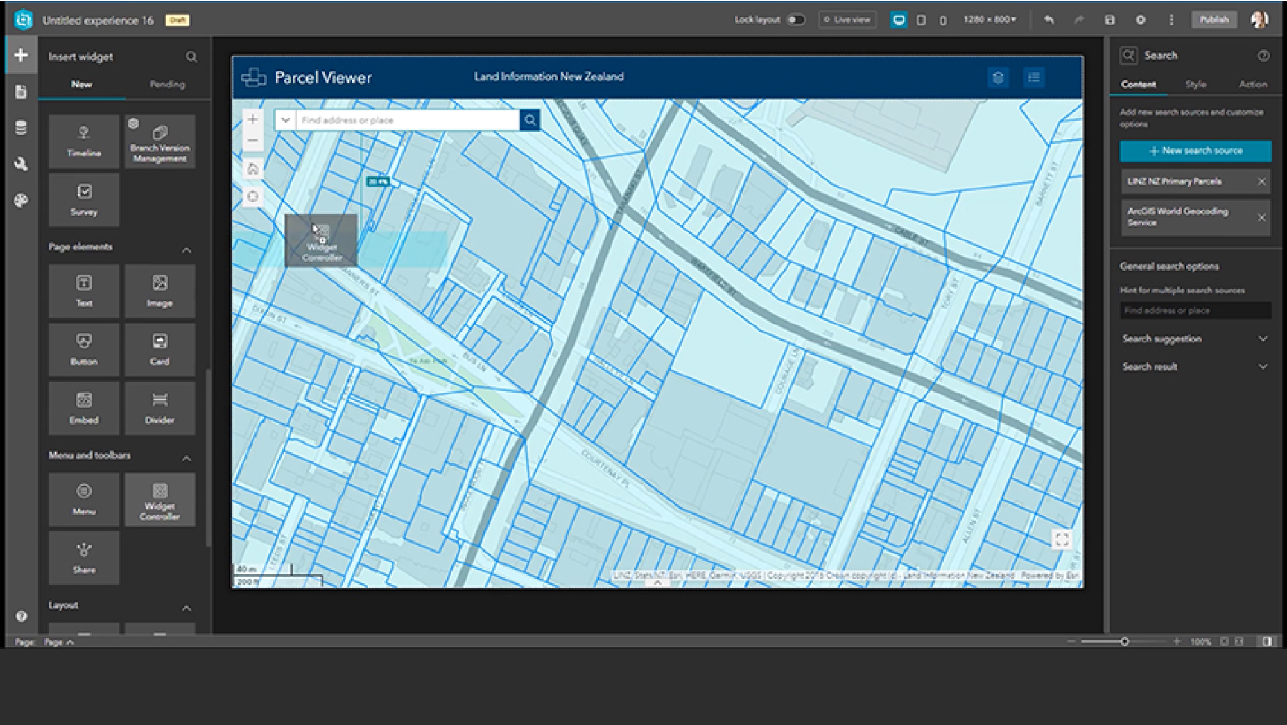Un widget arrastrado a un mapa azul de Land Information New Zealand