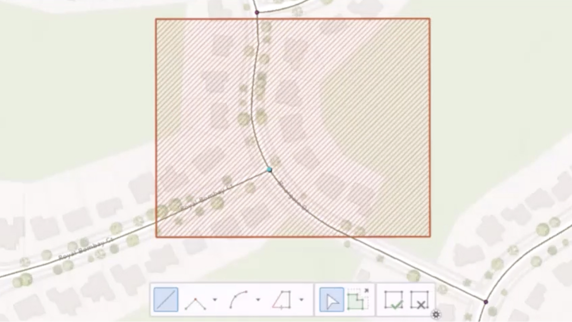 Map of a neighborhood with an intersection highlighted by an orange square