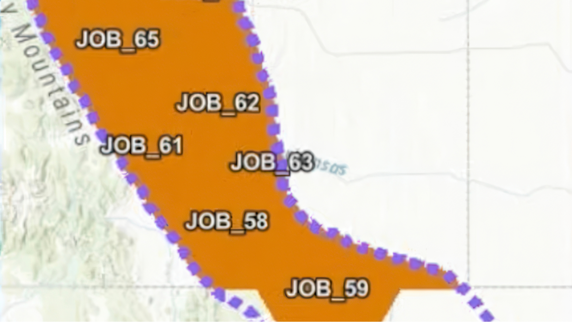 Area map with a wide swath highlighted in orange and labeled with scattered job designations