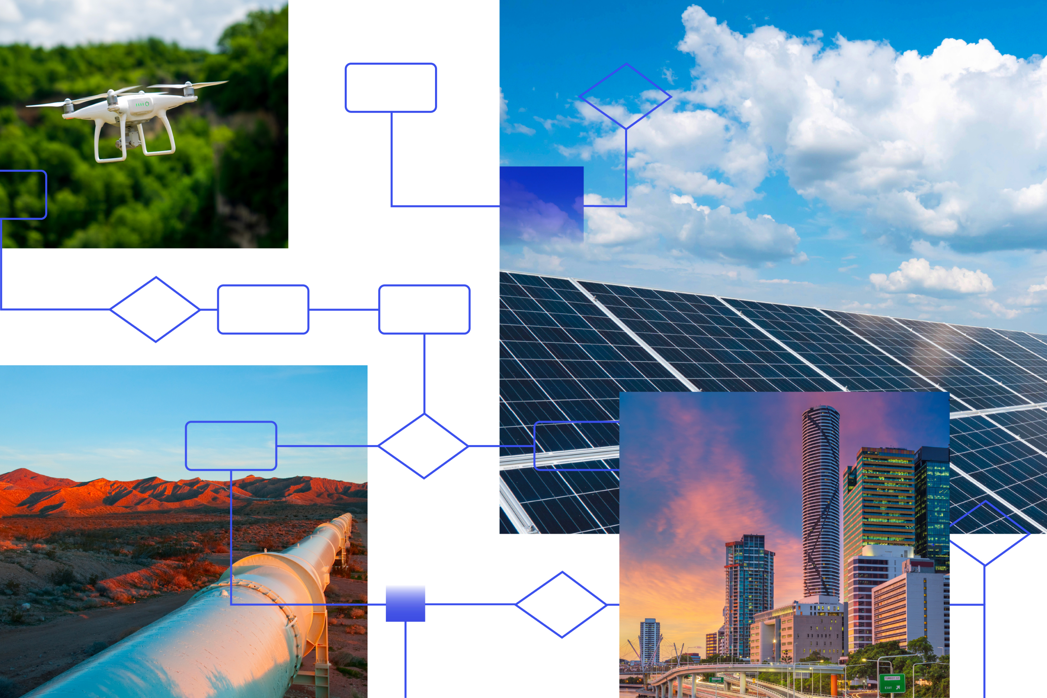 Collection of images showing a flying drone, solar panels, a pipeline, and downtown area with tall buildings 