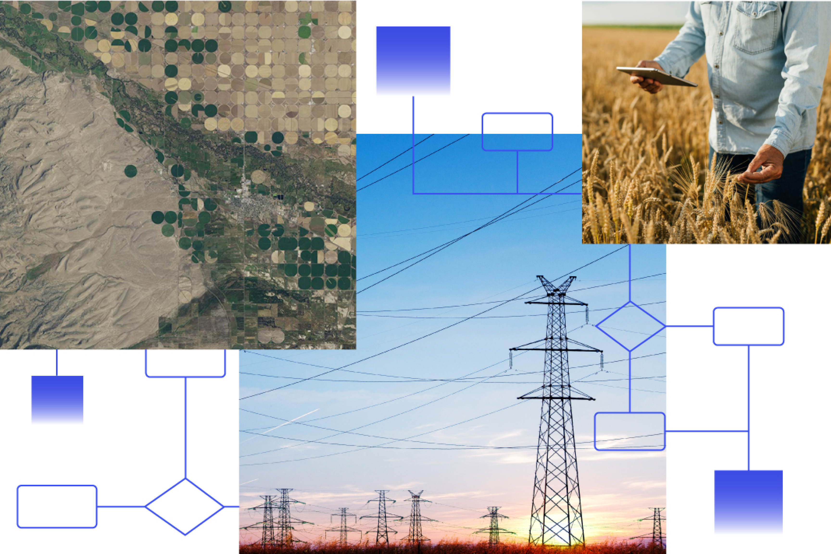 Verschiedene Bilder, auf denen eine Bergregion mit grünen und gelben Punkten, eine Person mit einem Tablet in einem Feld und ein Stromnetz zu sehen sind 