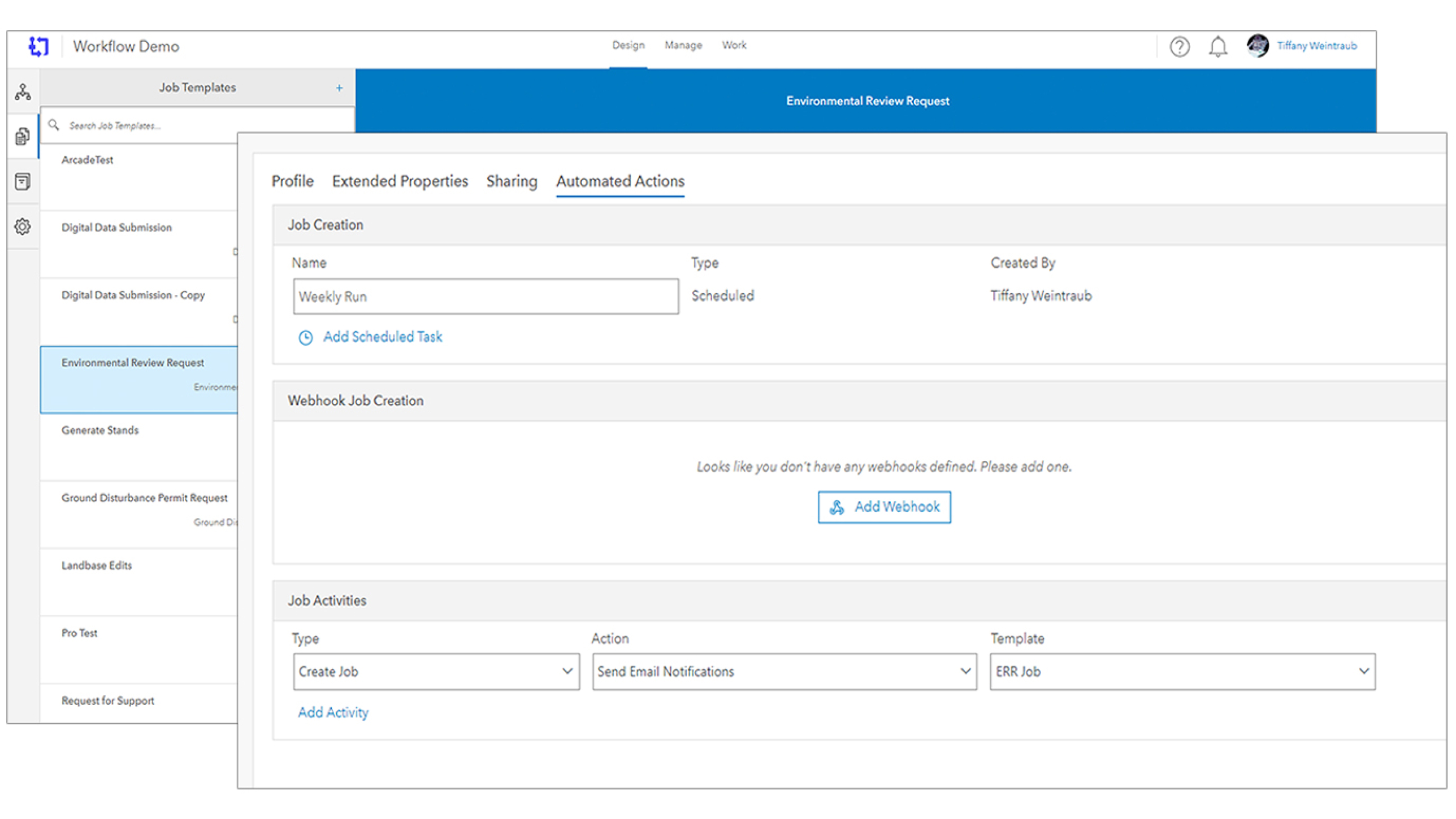 Screenshot mit Text und Symbolen, auf dem Konfigurationsoptionen, wie z. B. Optionen zum Planen von Aufträgen und Hinzufügen von Webhooks zu sehen sind