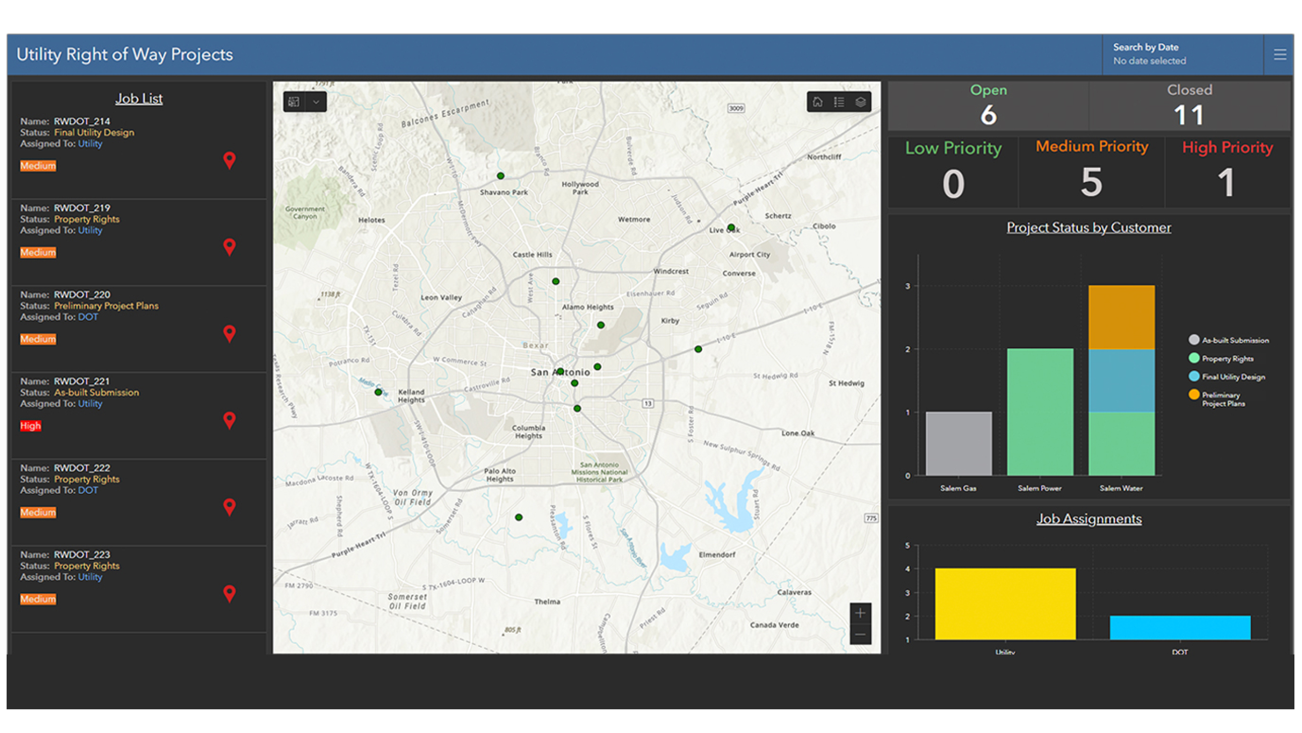 A dashboard with a black background with a street map in the center, bar graphs on the right, and a list of jobs on the left
