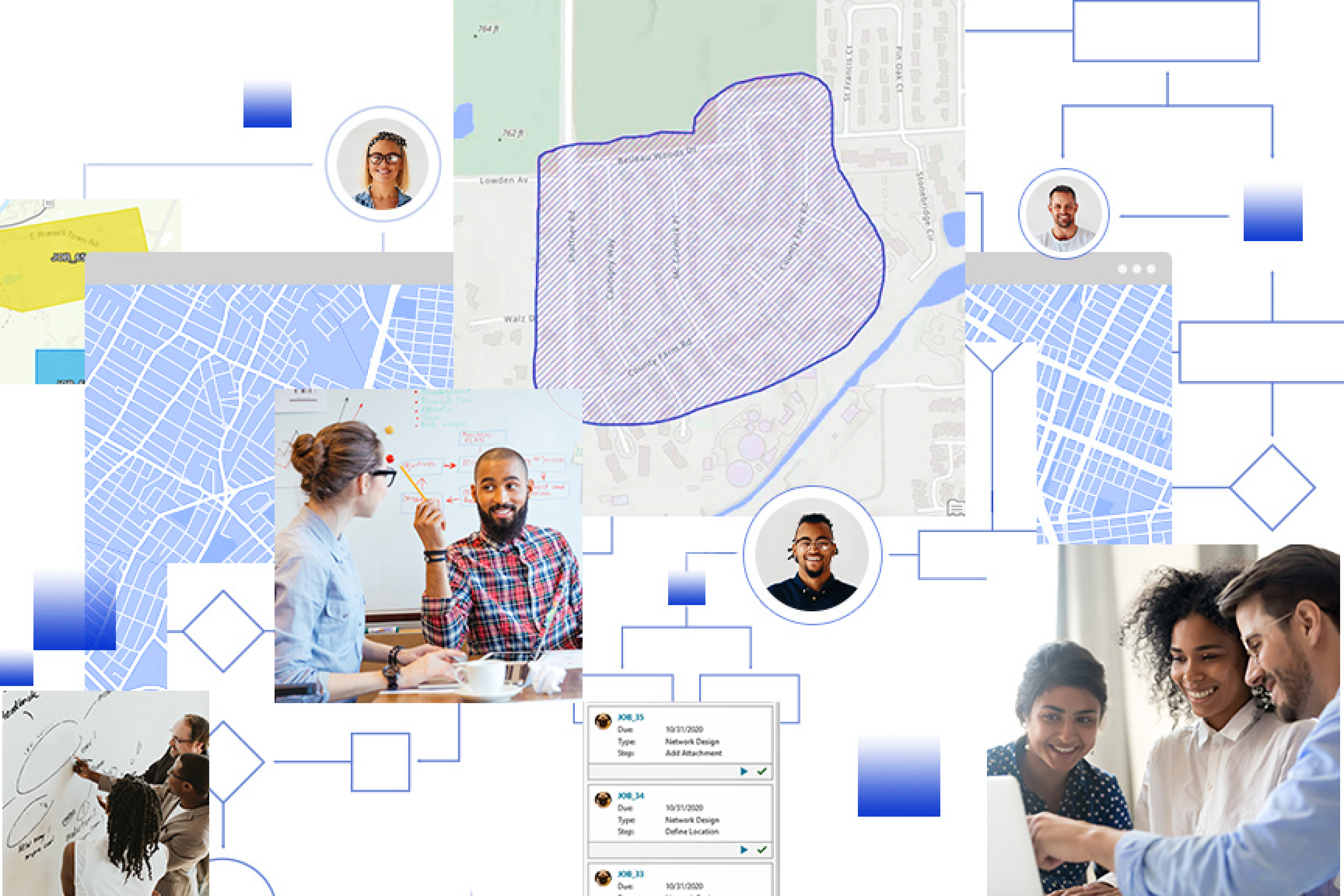 Collection of digital street maps and images of people working together in an office in front of a whiteboard