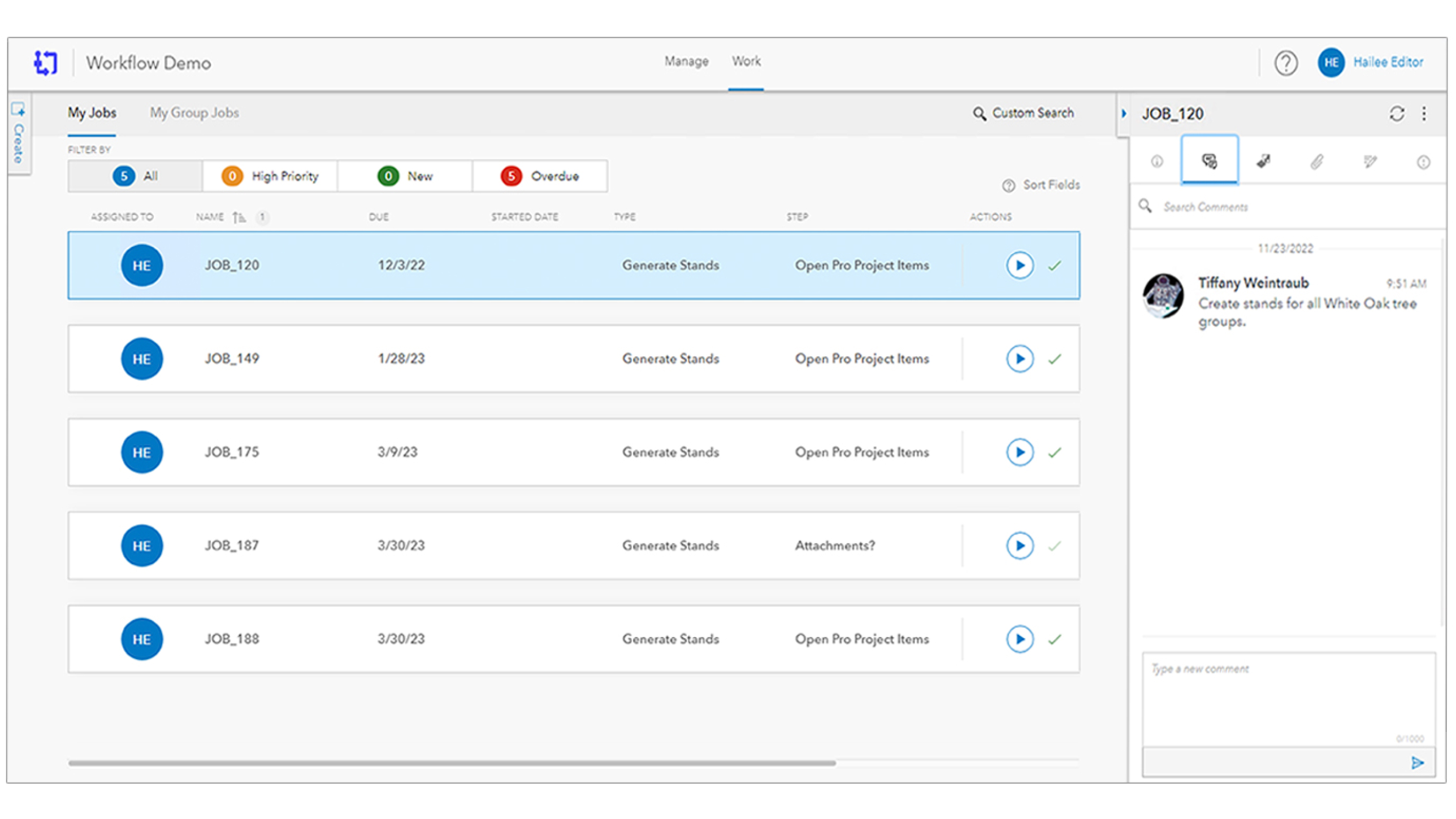 لقطة شاشة تعرض الوظائف النشطة حاليًا في Workflow Manager مع قائمة بالنصوص والرموز