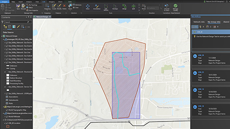 ArcGIS Pro で Workflow Manager の対象地域をダーク モードで表示しているスクリーンショット。