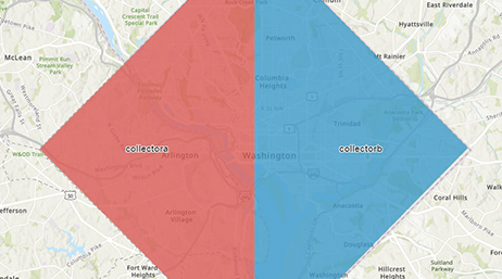 A regional map in pale beige with the center area shaded in two large triangles of blue and red