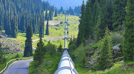 A large white pipe laid alongside a road stretching into the distance through a hilly green forest 