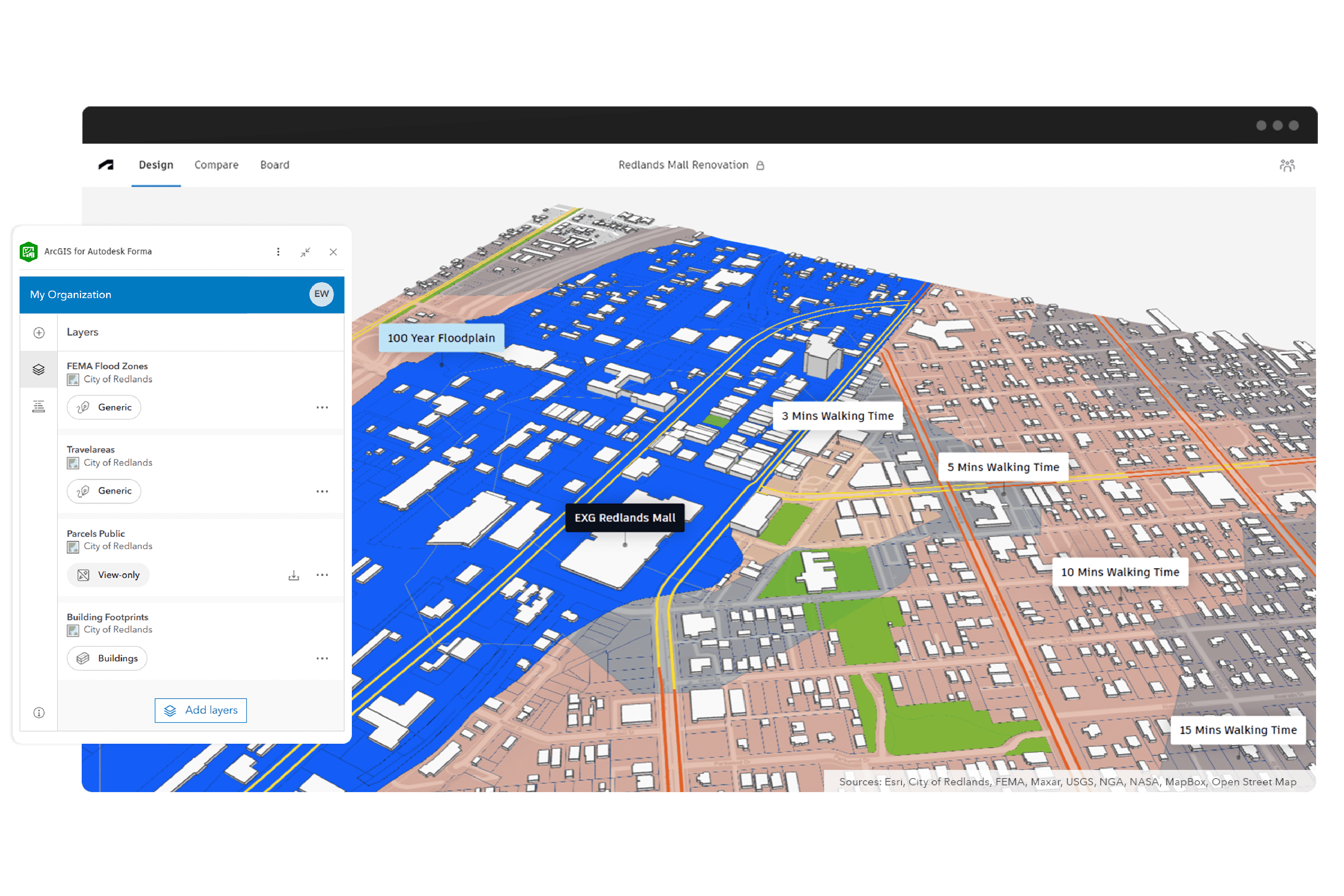 3D map titled Redlands Mall Renovation showing FEMA flood zones and walking times with an open ArcGIS for Autodesk Forma window 