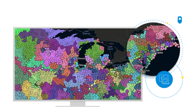 A desktop display showing a full screen multicolored map covered with many small circles overlaid with graphic elements