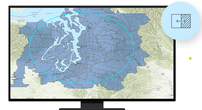 Computer monitor showing a large map with an area marked by a circle