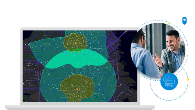 Laptop che mostra la mappa stradale a griglia con cerchi verdi che evidenziano due regioni