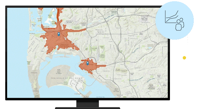 Computer monitor showing interactive street map and demographic profile data