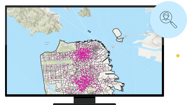 Computer monitor showing an interactive multicolored street map
