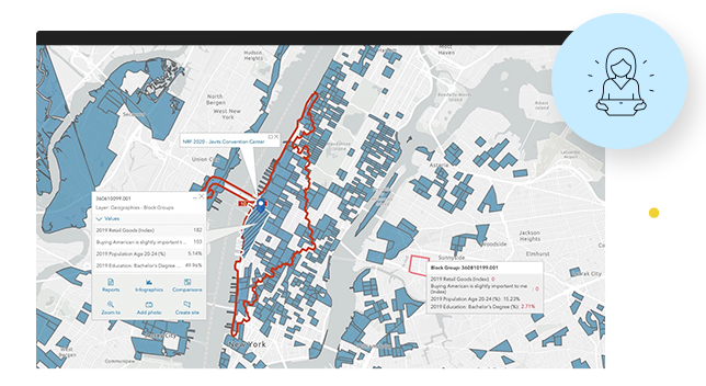 Map with areas highlighted in blue, route highlighted in red, and pop-up boxes with directional data