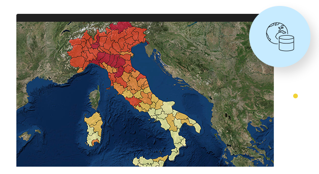 Carte d’Italie avec les régions marquées en rouge, orange et jaune, et la mer en bleu