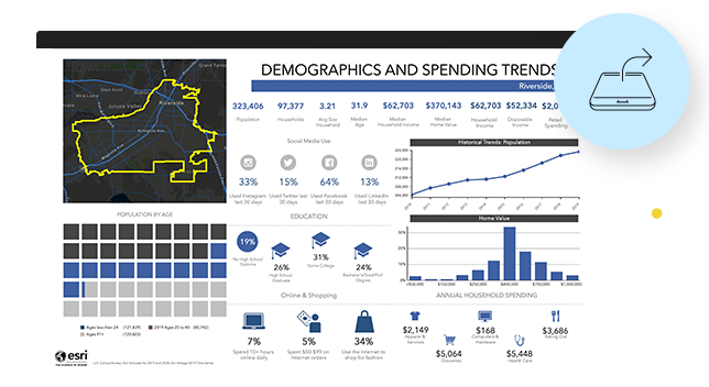 Raport prezentujący informacje demograficzne i dane dotyczące trendów wydatków przy użyciu wykresów i statystyk