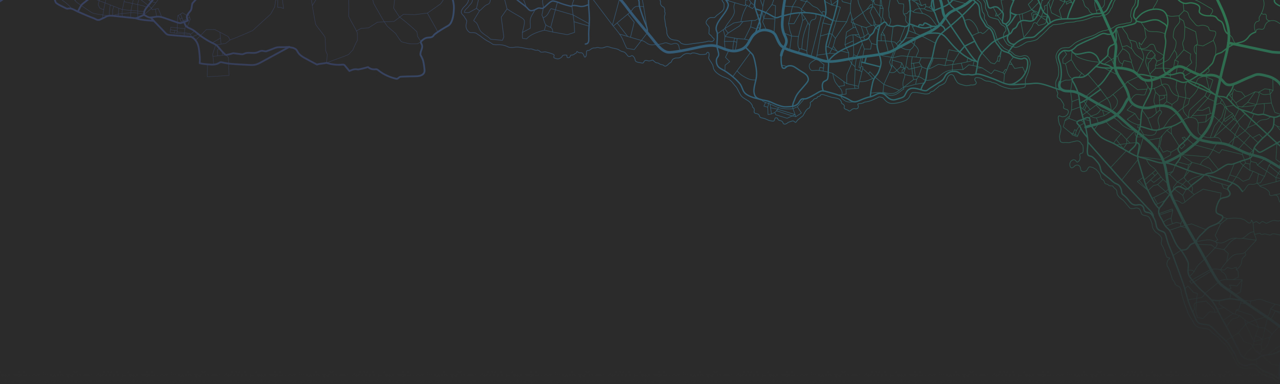 A stylized map overlay featuring intricate linework in gradient colors against a dark background. 