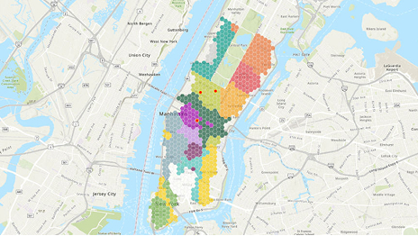 Map of New York City shows colored hexagons representing different neighborhoods with three red dots on specific locations