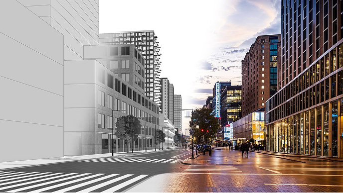 Graphic of an architectural design sketch fading into a 3D model, then fading into a colorful photo-realistic city street