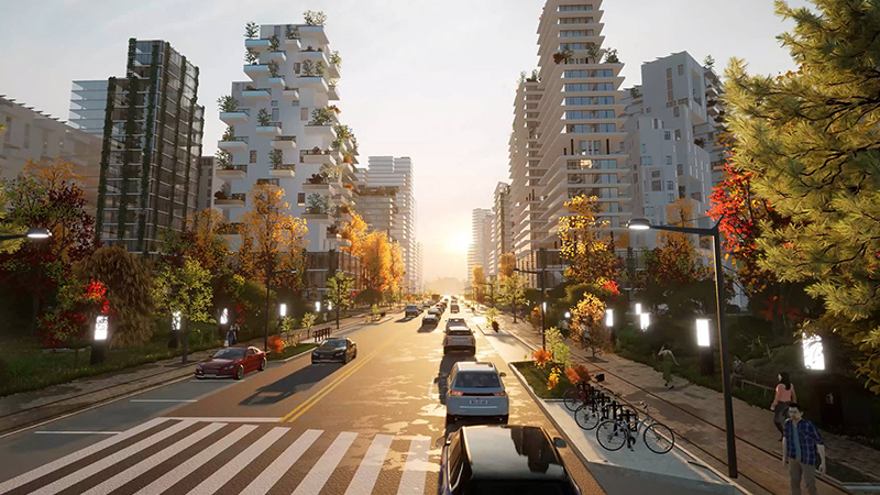 A realistic digital render of a busy city street flanked by tall, modern buildings and the sun on the horizon