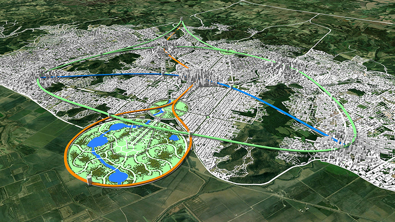 A bird’s-eye-view of a digitally modeled and densely developed city with an orange and a blue line running through it and a green line encircling it