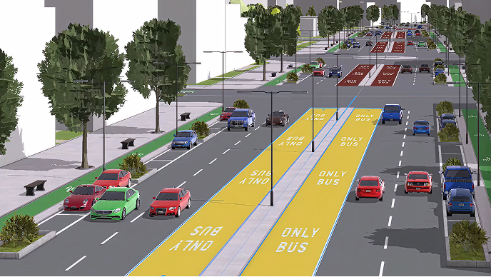 3D model of a busy city block with bus-only lanes in the center