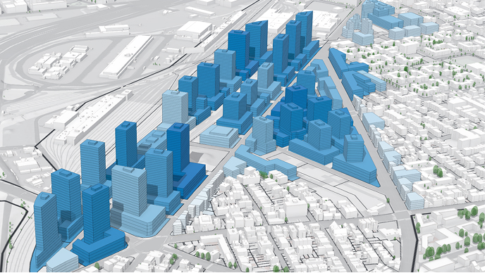 3D urban planning model displaying custom building metrics across a proposed development area