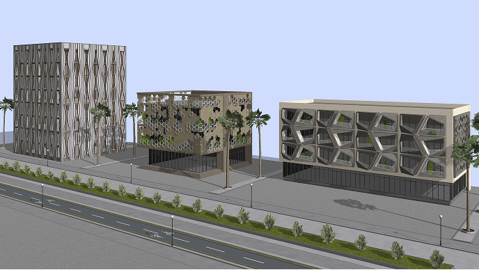 Screencap from the featured video with a 3D model of a city street with ultramodern buildings and lined with young trees