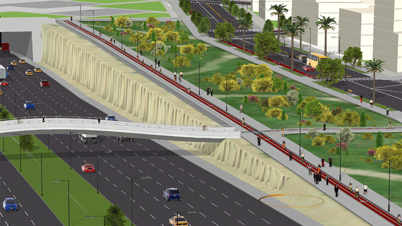 A digital rendering of a wide freeway near an expansive park and footbridge overlaid with a play button