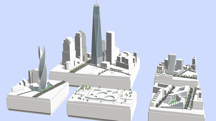 A 3D model of a modern city in shades of white and gray, separated into five sections