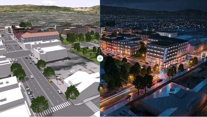 Day-to-night comparison of a basic 3D city model becoming a detailed, realistic visualization with a video play button