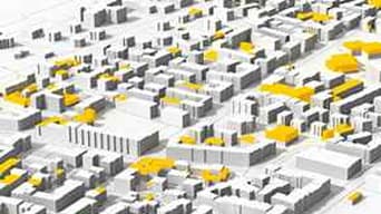 Black, yellow, white illustrated rendering of digital city
